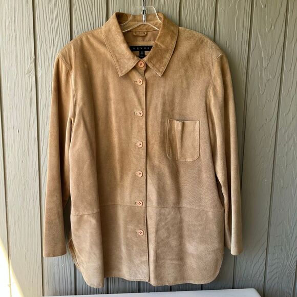 VTG Révue Genuine Suede Shacket Shirt Jacket Tan Button Front L/XL Soft Leather - Picture 3 of 11